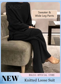 roaiss Women's Oversized Loose Suit Knitted Sweater Outfits 2 Piece Casual Set Solid Color Long Sleeve Wide Leg Pants  - Image 2