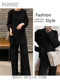 roaiss Women's Oversized Loose Suit Knitted Sweater Outfits 2 Piece Casual Set Solid Color Long Sleeve Wide Leg Pants  - Image 1