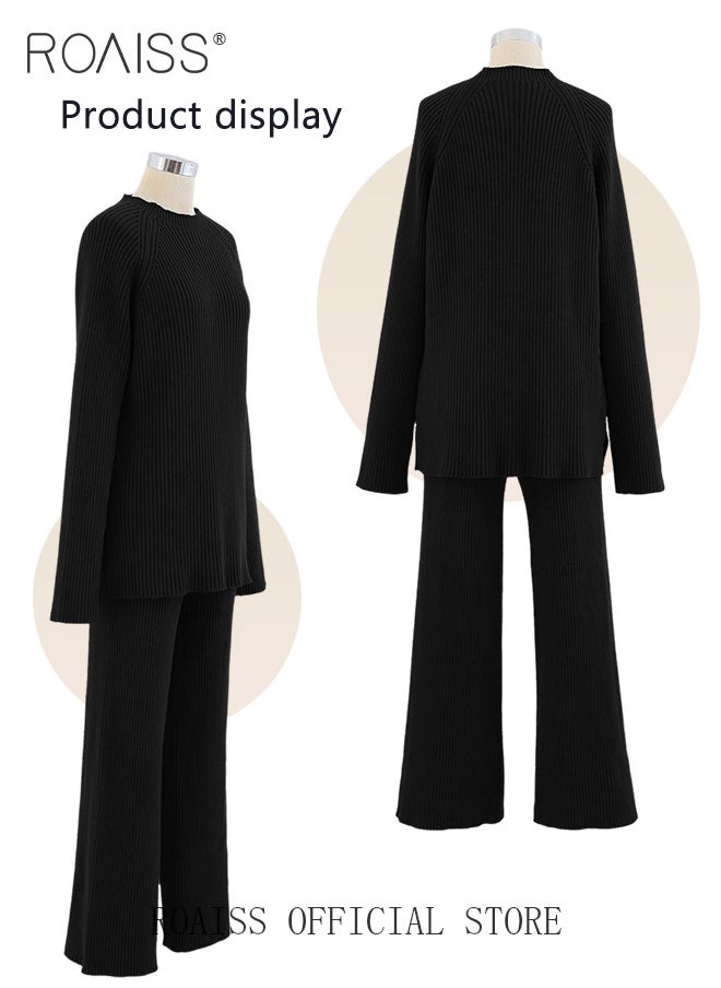 roaiss Women's Oversized Loose Suit Knitted Sweater Outfits 2 Piece Casual Set Solid Color Long Sleeve Wide Leg Pants  - Image 5