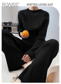 roaiss Women's Oversized Loose Suit Knitted Sweater Outfits 2 Piece Casual Set Solid Color Long Sleeve Wide Leg Pants  - Image 4