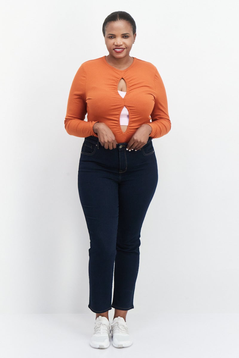 royalty Women Ribbed Long Sleeves Bodysuit, Brown  - Image 3