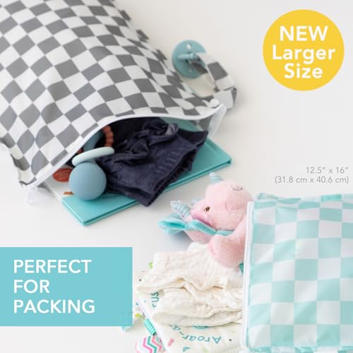 Bumkins Larger Waterproof Wet Bag For Baby Travel Swim Suit Cloth Diapers Pump Parts Pool Gym Toiletry Strap to Stroller Reusable Easy to Clean 2pk Gray Mint Check - Image 3