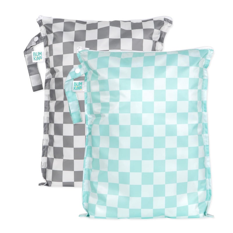 Bumkins Larger Waterproof Wet Bag For Baby Travel Swim Suit Cloth Diapers Pump Parts Pool Gym Toiletry Strap to Stroller Reusable Easy to Clean 2pk Gray Mint Check - Image 2