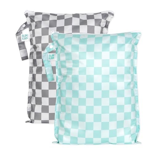 Bumkins Larger Waterproof Wet Bag For Baby Travel Swim Suit Cloth Diapers Pump Parts Pool Gym Toiletry Strap to Stroller Reusable Easy to Clean 2pk Gray Mint Check - Image 1