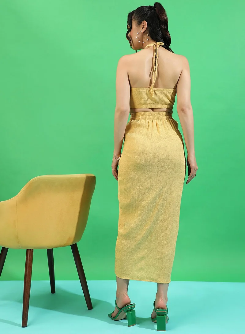 Pinacolada  Women's Yellow Ochre Draped Co-Ord Set For Casual Wear | Halter Neck | Sleeveless | Pull On Closure | Co-Ords Designed With Comfort Fit For Woman & Girls for Women | Best Price UAE