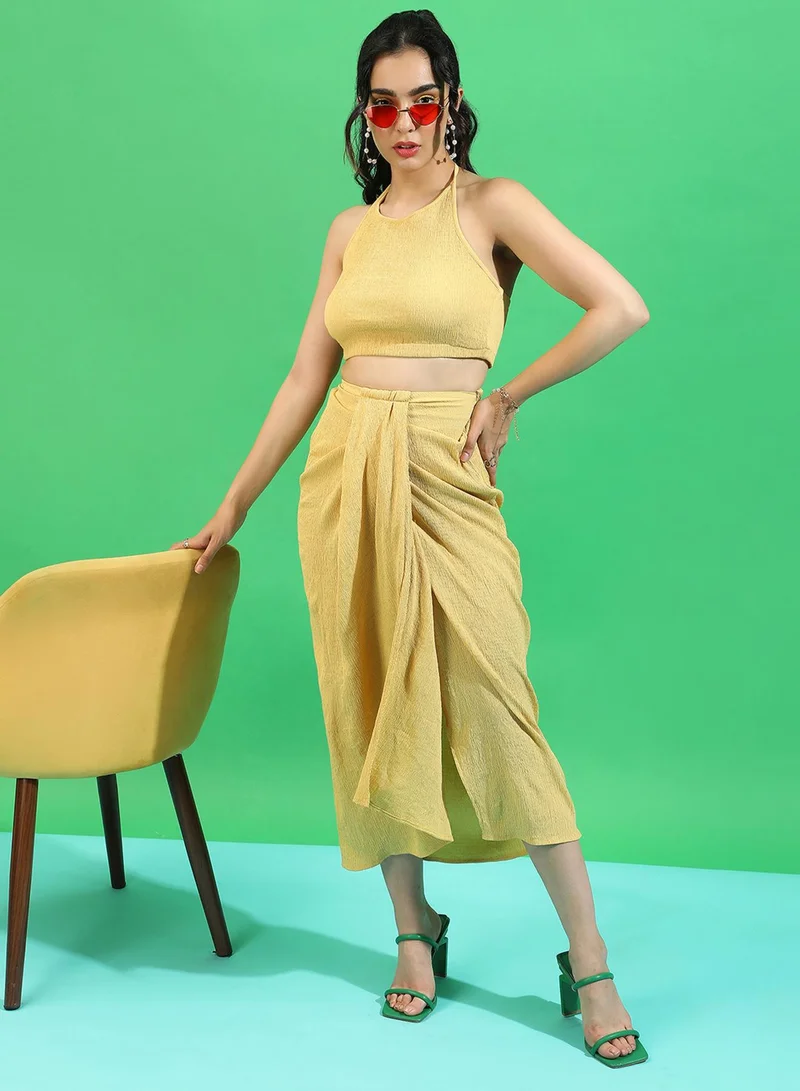 Pinacolada  Women's Yellow Ochre Draped Co-Ord Set For Casual Wear | Halter Neck | Sleeveless | Pull On Closure | Co-Ords Designed With Comfort Fit For Woman & Girls for Women | Best Price UAE