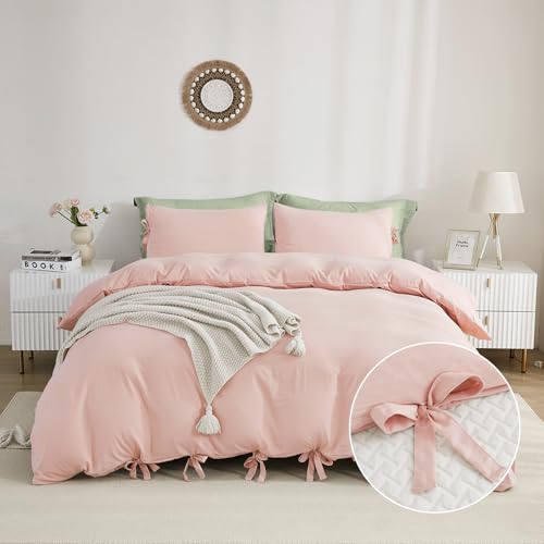 annadaif Pink Duvet Cover Full (79x90 Inch), 3 Pieces (2 Pillowcases, 1 Duvet Cover) Ultra Soft Bowknot Duvet Cover Set, Easy Care Bedding Set for Men, Women (NO Comforter) - Image 1