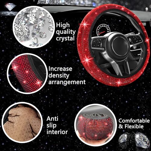 NBTEPEM 27 PCs Red Bling Car Accessories Set for Women, Bling Steering Wheel Covers Universal Fit 15 Inch, Bling License Plate Frame, Bling Phone Holder, Bling Car Coasters (Red Diamond) - Image 3
