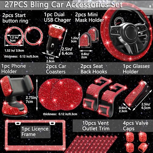 NBTEPEM 27 PCs Red Bling Car Accessories Set for Women, Bling Steering Wheel Covers Universal Fit 15 Inch, Bling License Plate Frame, Bling Phone Holder, Bling Car Coasters (Red Diamond) - Image 2