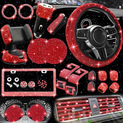 NBTEPEM 27 PCs Red Bling Car Accessories Set for Women, Bling Steering Wheel Covers Universal Fit 15 Inch, Bling License Plate Frame, Bling Phone Holder, Bling Car Coasters (Red Diamond) - Image 1
