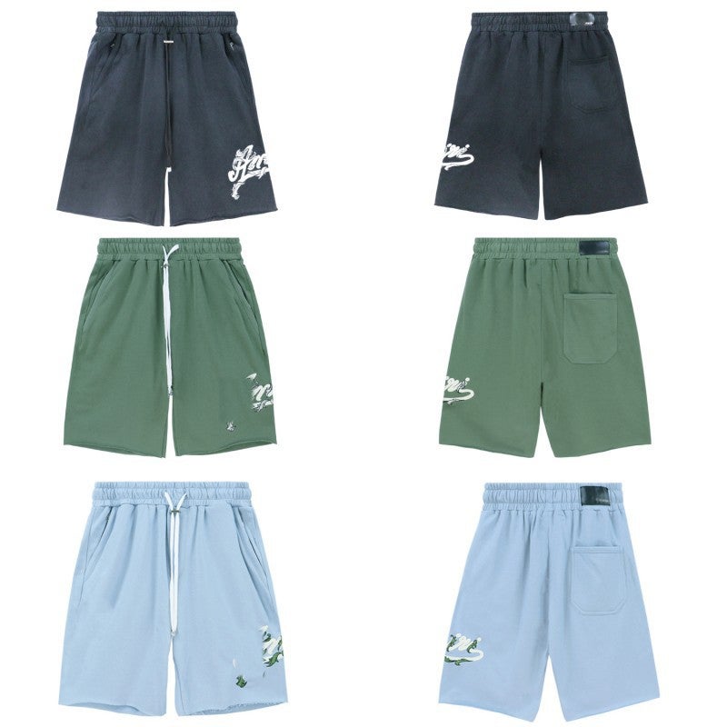 Amiri24 New Logo Short-Sleeved T-Shirt Digital 22 Washed Retro Couples Trendy Sports 5 Points Shorts Suit - Image 3