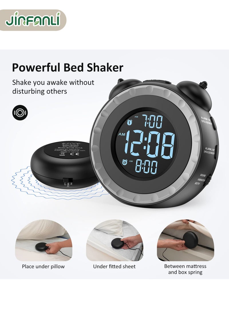 جين فان ل أنا ساعة منبه مزدوجة عالية الصوت مع هزاز للسرير - تعتيم 0-100%، منبه اهتزازي لمن ينامون بعمق أو ضعاف السمع، إعداد سهل، منفذ شحن USB، وظيفة الغفوة، بطارية احتياطية - Image 2