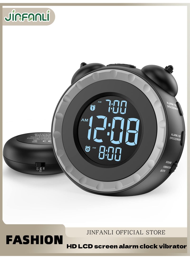 جين فان ل أنا ساعة منبه مزدوجة عالية الصوت مع هزاز للسرير - تعتيم 0-100%، منبه اهتزازي لمن ينامون بعمق أو ضعاف السمع، إعداد سهل، منفذ شحن USB، وظيفة الغفوة، بطارية احتياطية - Image 1