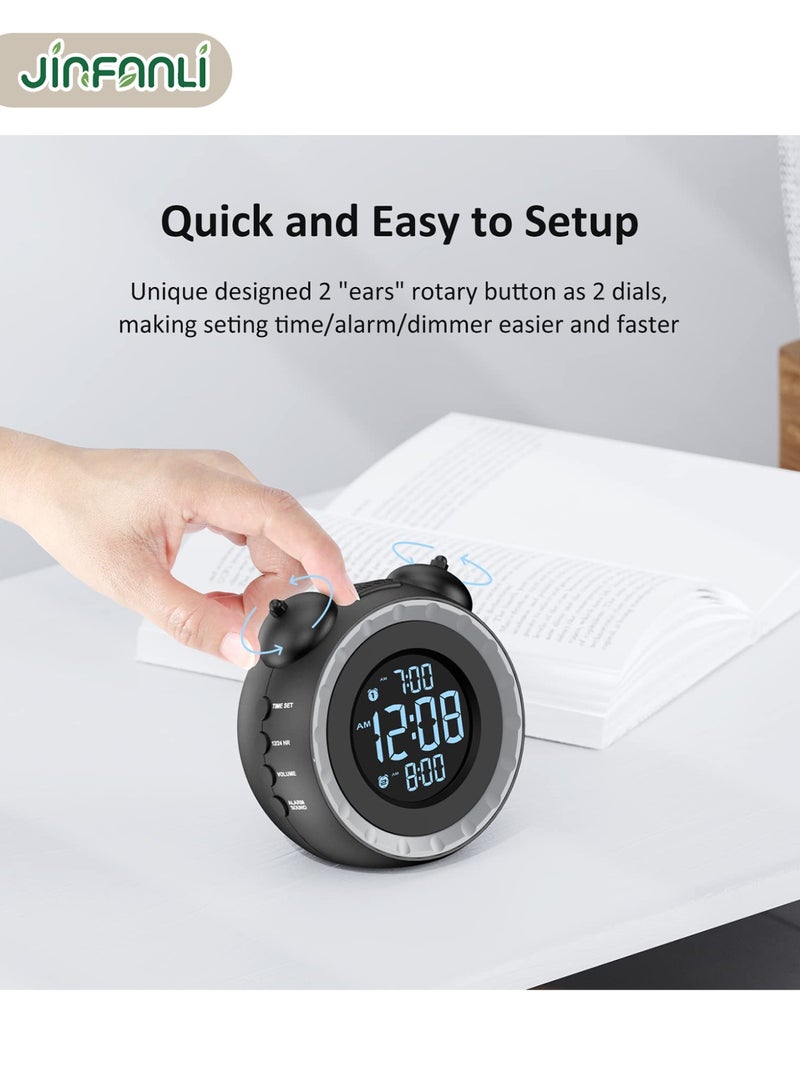 جين فان ل أنا ساعة منبه مزدوجة عالية الصوت مع هزاز للسرير - تعتيم 0-100%، منبه اهتزازي لمن ينامون بعمق أو ضعاف السمع، إعداد سهل، منفذ شحن USB، وظيفة الغفوة، بطارية احتياطية - Image 4