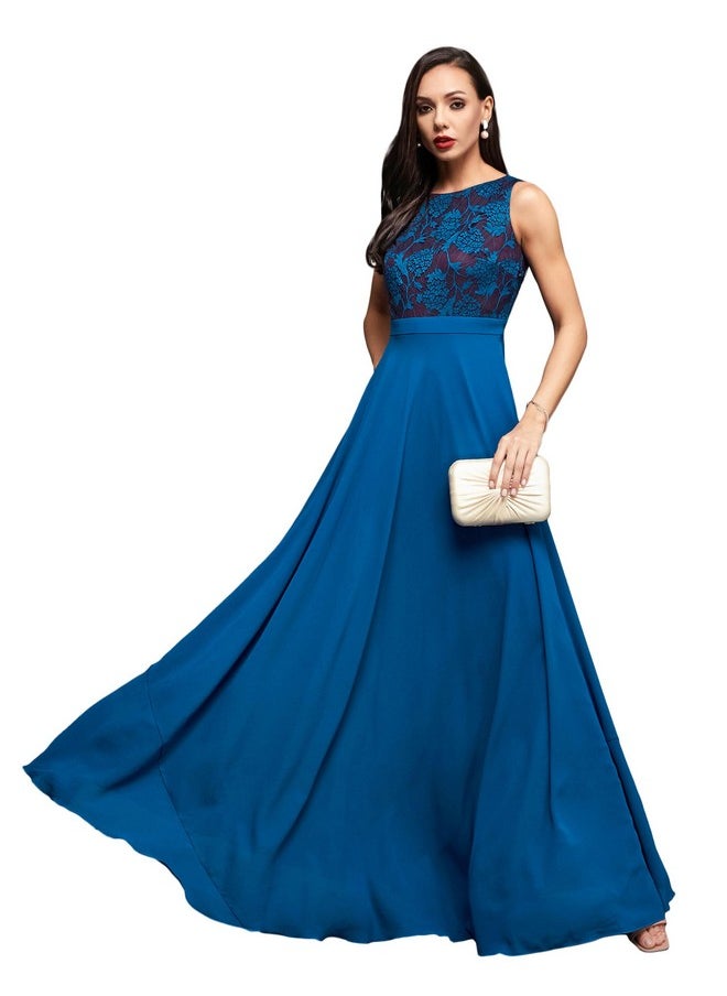 Miss Chase - Miss Chase Women's Round Neck Sleeveless Georgette Floral Lace Fit & Flare Maxi Dress Royal Blue - Image 1