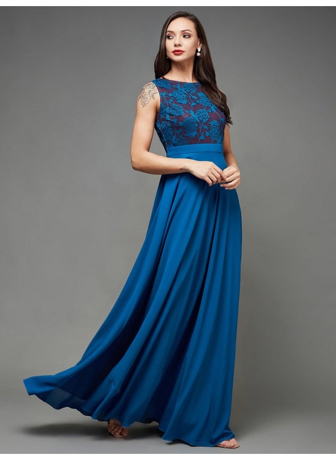 Miss Chase - Miss Chase Women's Round Neck Sleeveless Georgette Floral Lace Fit & Flare Maxi Dress Royal Blue - Image 1