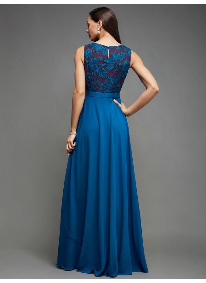 Miss Chase - Miss Chase Women's Round Neck Sleeveless Georgette Floral Lace Fit & Flare Maxi Dress Royal Blue - Image 1