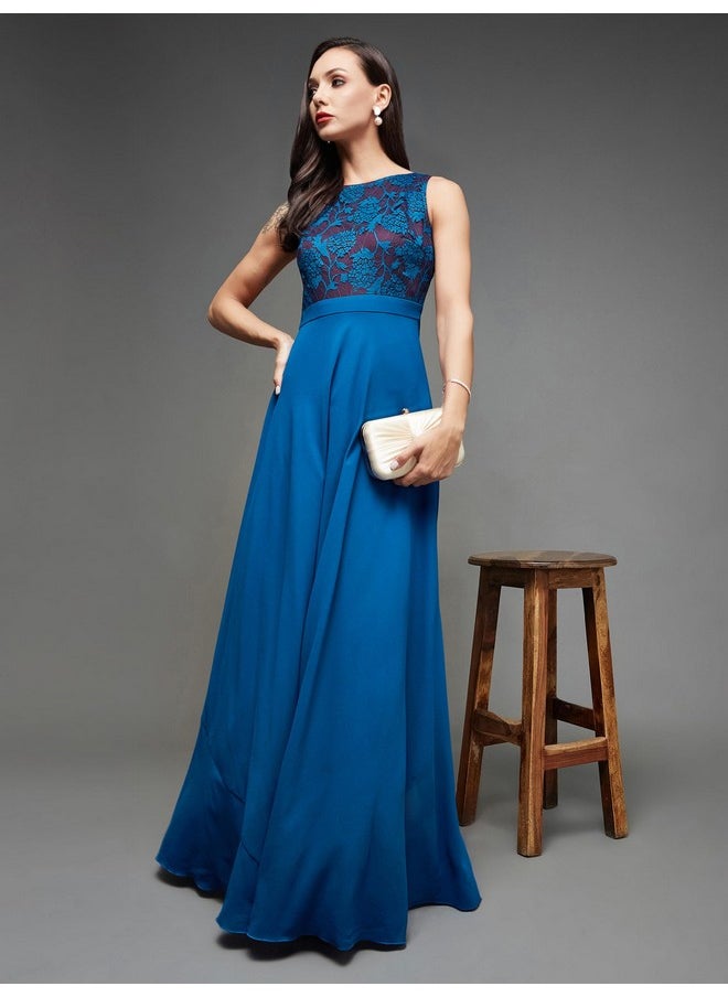 Miss Chase - Miss Chase Women's Round Neck Sleeveless Georgette Floral Lace Fit & Flare Maxi Dress Royal Blue - Image 1
