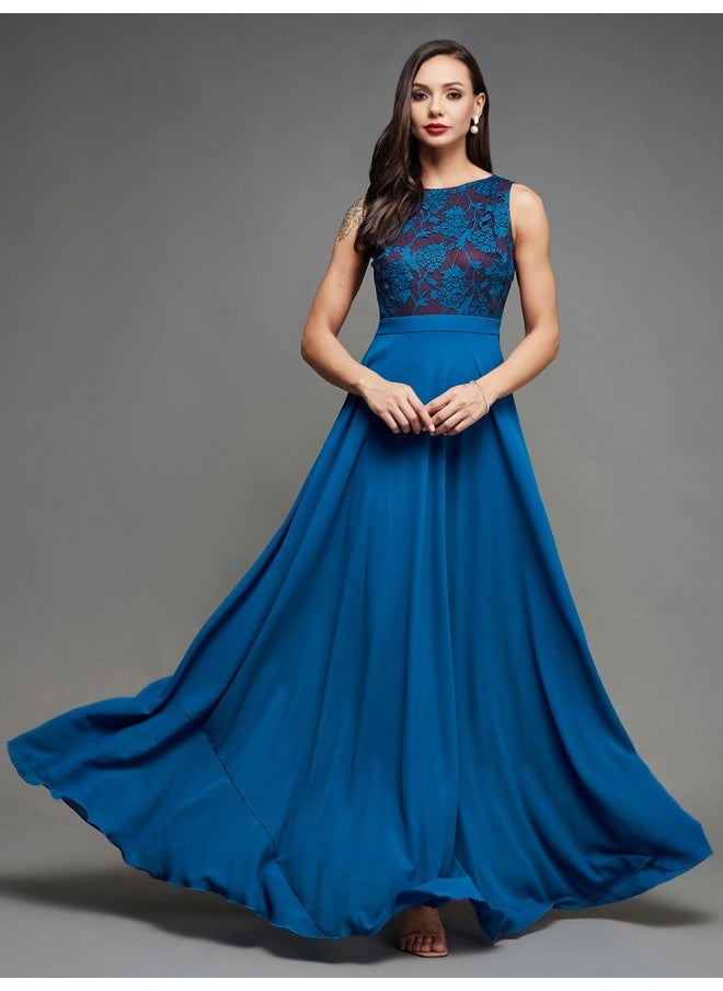 Miss Chase - Miss Chase Women's Round Neck Sleeveless Georgette Floral Lace Fit & Flare Maxi Dress Royal Blue - Image 1