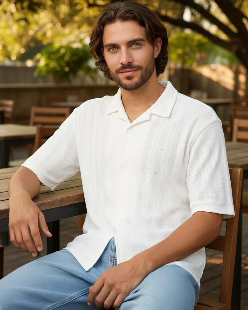 bewakoof Men's White Textured Oversized Shirt