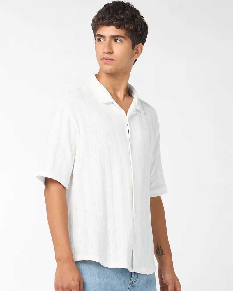 bewakoof Men's White Textured Oversized Shirt