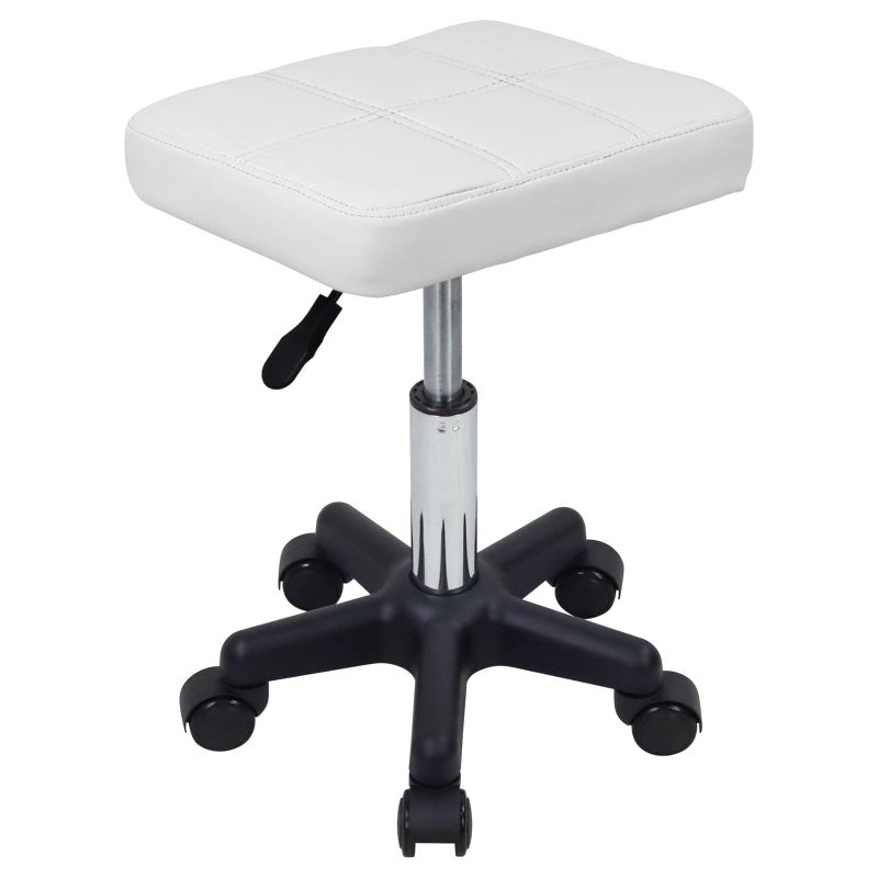 FURWOO Rectangle Rolling Stool with Wheels Height Adjustable Swivel Stool Chair for Spa Salon Massage White