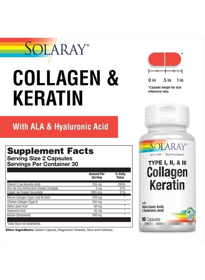 Solaray - Type I, II & III Collagen Keratin | ALA & Hyaluronic Acid | Hair, Skin & Joint Health Support, 60 Caps, 30 Serv. - Image 1
