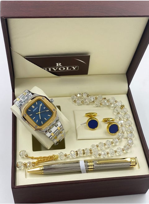 Rivoli men's Watch Set Of 4 Pieces, A Wrist Watch With A Pen, A Set Of Buttons And The Rosary