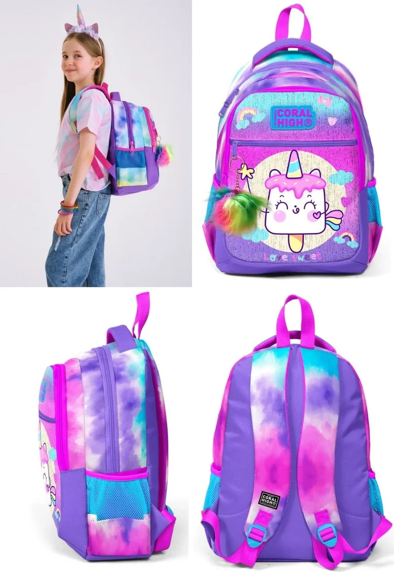 كورال هاي School Backpack and Lunch Bag Set - Girl Purple Pink Ice Cream