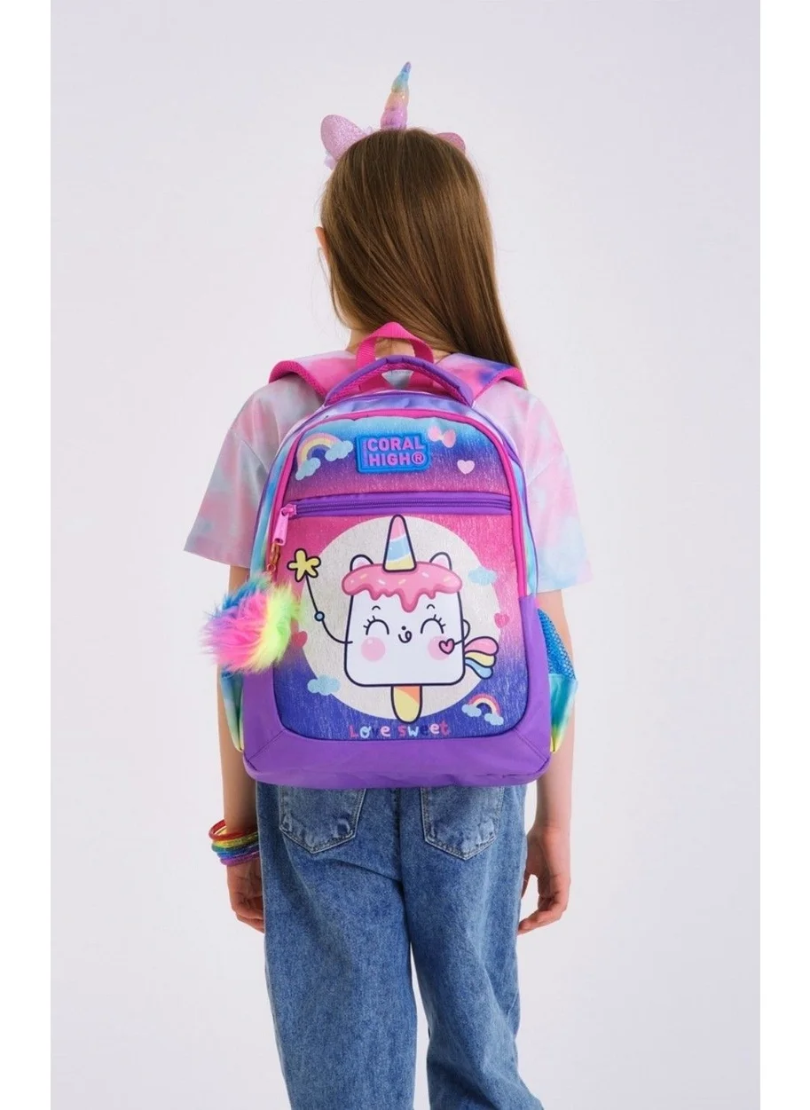 كورال هاي School Backpack and Lunch Bag Set - Girl Purple Pink Ice Cream