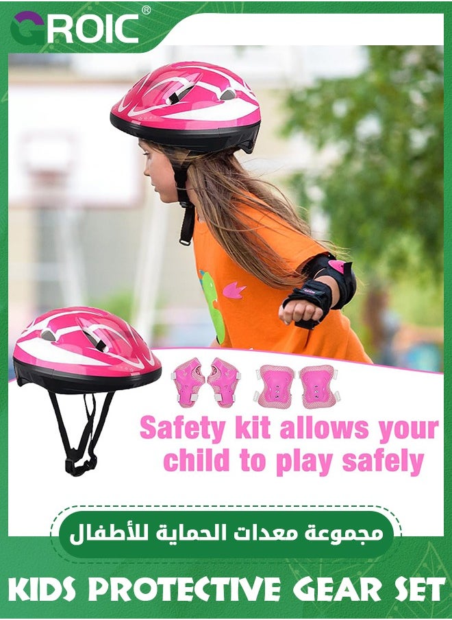 GROIC - Kids Protective Gear Adjustable Protective Helmet,Kids Helmet Knee Elbow Pads Wrist Guard Sport Protective Gear Adjustable Scooter Skateboard Roller Bike Skate Cycling Safety Set(Pink) - Image 1