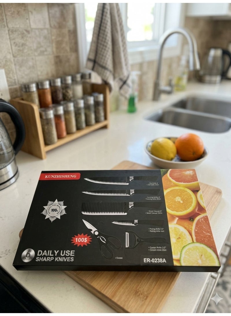 6-Piece Kitchen Knife Set with Kitchen Scissors & Peeler – Stainless Steel Sharp Knives for Chef, Bread, Carving, Utility & Paring KUNZHISHENG- BLACK - Image 1