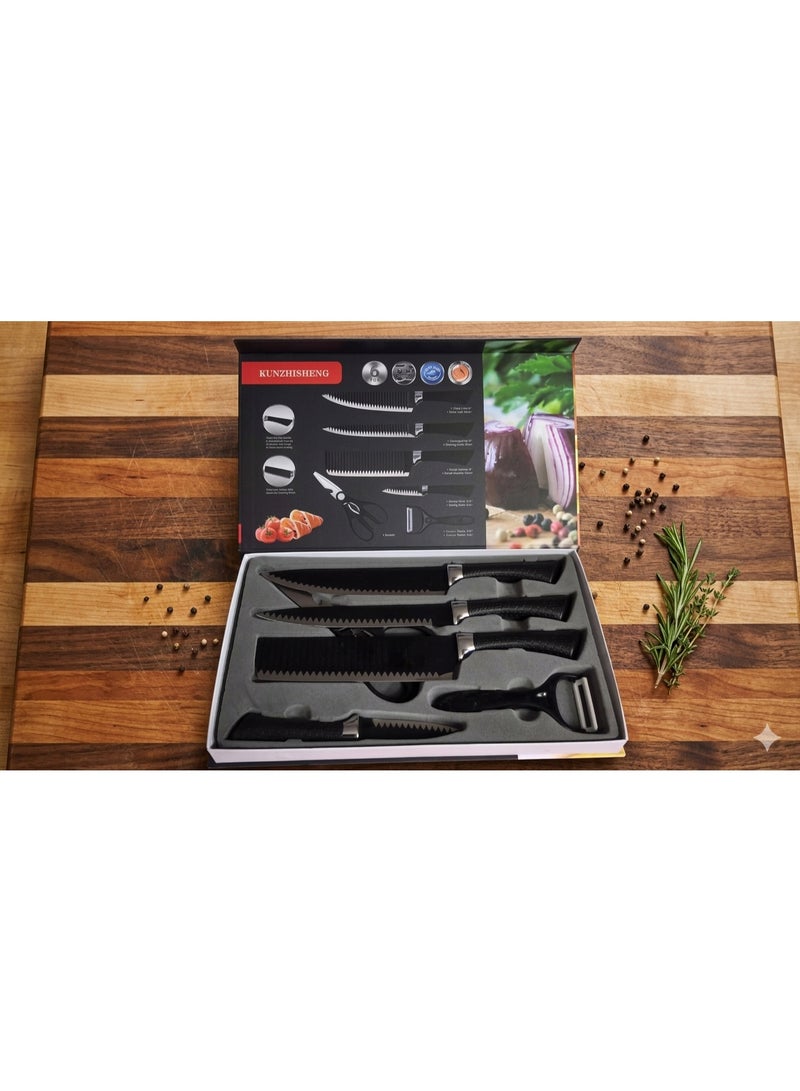 6-Piece Kitchen Knife Set with Kitchen Scissors & Peeler – Stainless Steel Sharp Knives for Chef, Bread, Carving, Utility & Paring KUNZHISHENG- BLACK - Image 2