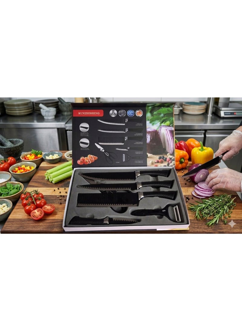 6-Piece Kitchen Knife Set with Kitchen Scissors & Peeler – Stainless Steel Sharp Knives for Chef, Bread, Carving, Utility & Paring KUNZHISHENG- BLACK - Image 3