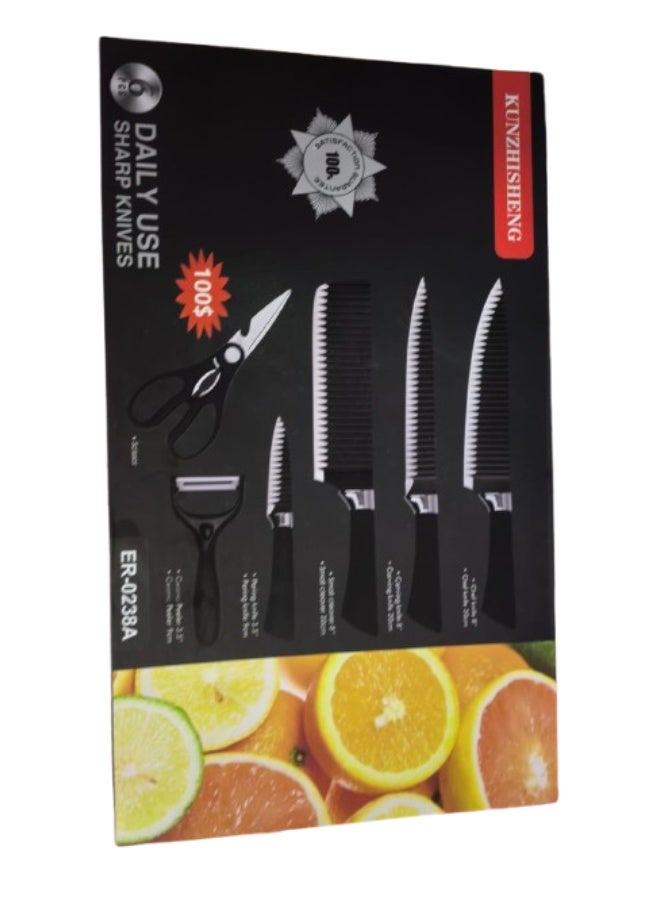 6-Piece Kitchen Knife Set with Kitchen Scissors & Peeler – Stainless Steel Sharp Knives for Chef, Bread, Carving, Utility & Paring KUNZHISHENG- BLACK - Image 4