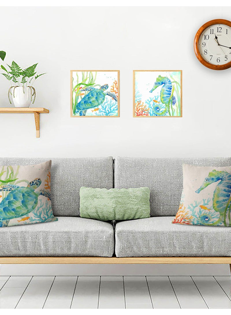 واي آند دي Coastal Throw Pillow Covers, Set of 4, 18x18 Inch Ocean Beach Pillows Cover with Sea Turtle, Seahorse, Fish, Crab Designs, Summer Theme Decor for Patio, Couch, Sofa - Image 2