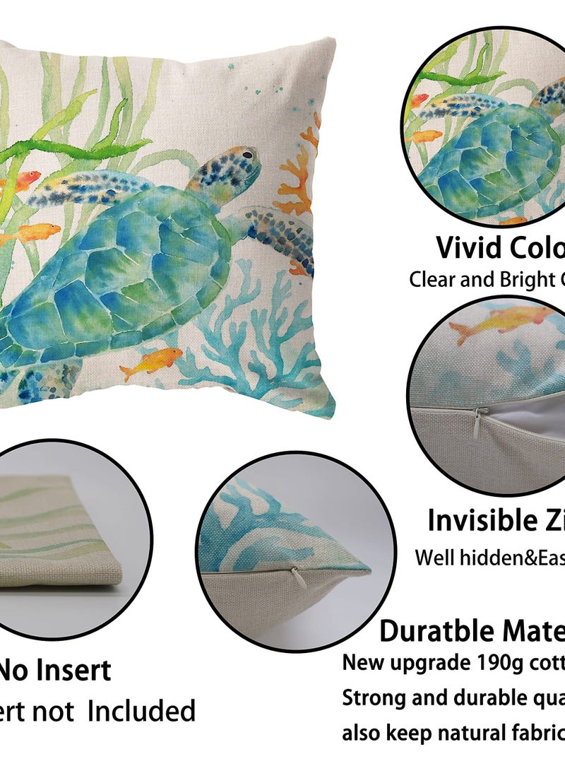 واي آند دي Coastal Throw Pillow Covers, Set of 4, 18x18 Inch Ocean Beach Pillows Cover with Sea Turtle, Seahorse, Fish, Crab Designs, Summer Theme Decor for Patio, Couch, Sofa - Image 5