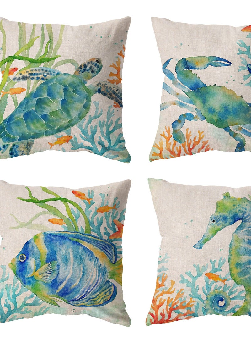 واي آند دي Coastal Throw Pillow Covers, Set of 4, 18x18 Inch Ocean Beach Pillows Cover with Sea Turtle, Seahorse, Fish, Crab Designs, Summer Theme Decor for Patio, Couch, Sofa - Image 4