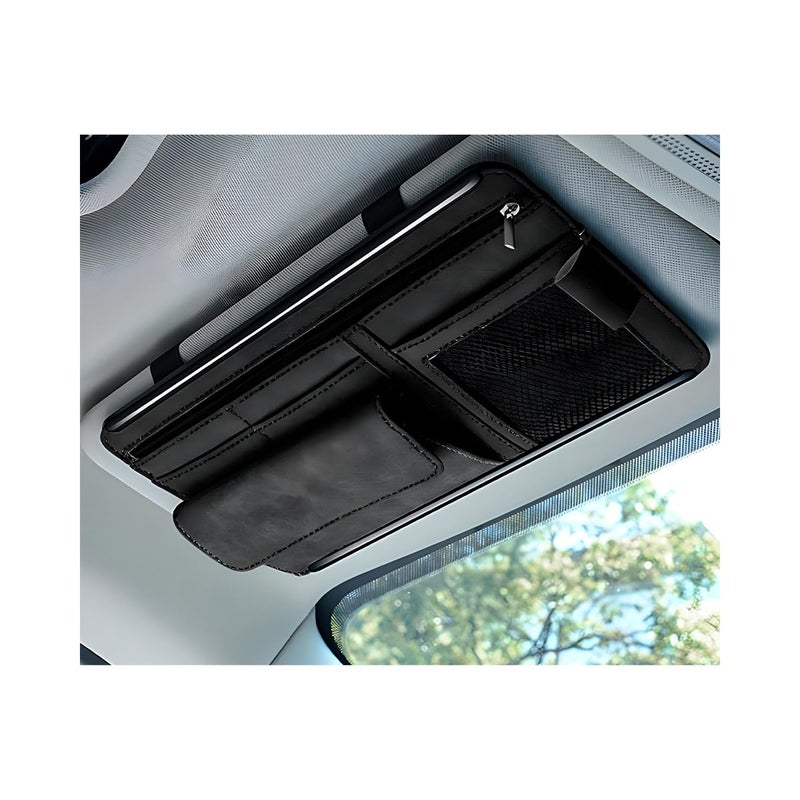 Yourkar Car Sun Visor Organizer, Soft Leather Surface Eyeglasses Note Card Holder Car Storage Bag, Scratch-Resistant Waterproof Auto Sunshade Organizer Bag, Car Accessories (Black) - Image 1
