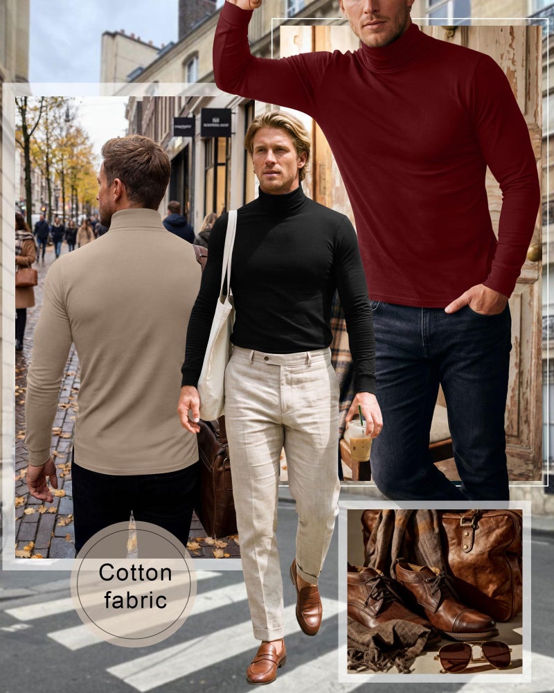 Riyiper 3 Pack Men's Turtleneck Shirts Thermal Basic Knitted Long Sleeve Casual Slim Fit Winter Pullover Tops(Black, Apricot, Red,S) - Image 3