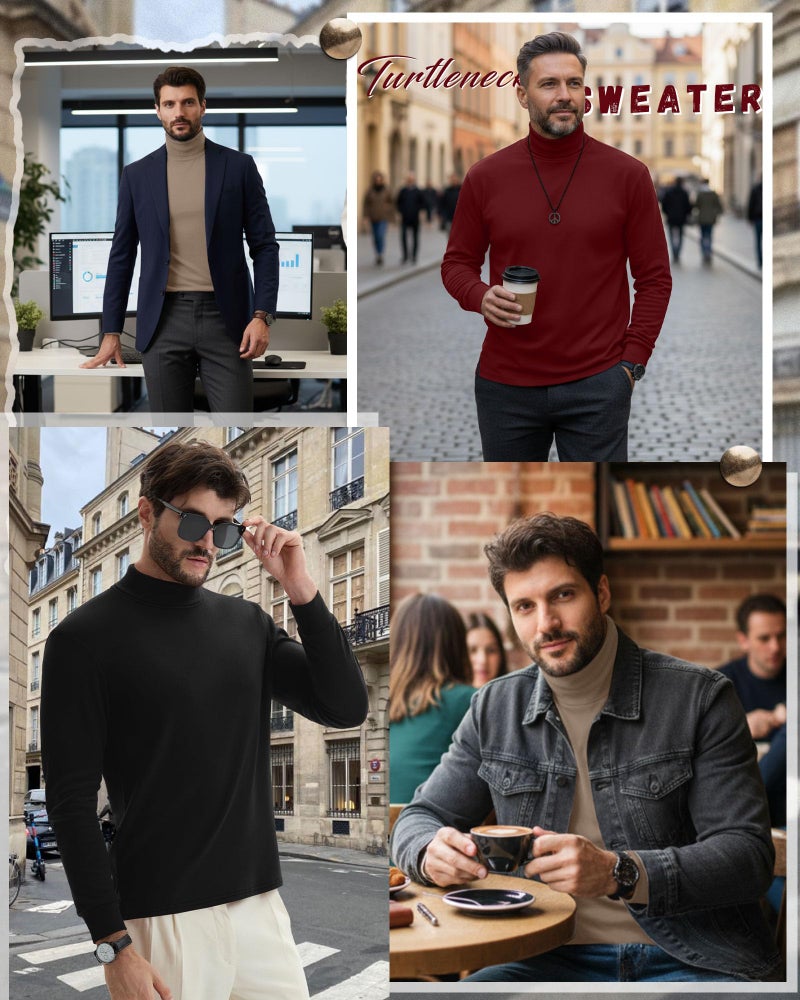 Riyiper 3 Pack Men's Turtleneck Shirts Thermal Basic Knitted Long Sleeve Casual Slim Fit Winter Pullover Tops(Black, Apricot, Red,S) - Image 2