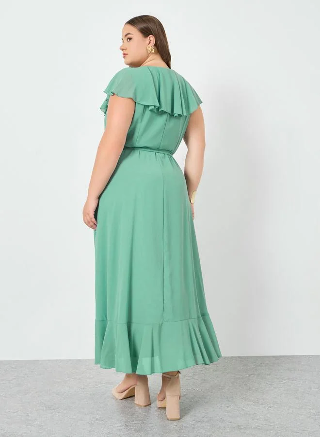 Styli  Plus Size Green Ruffled Detail Maxi Dress for Women | Best Price UAE
