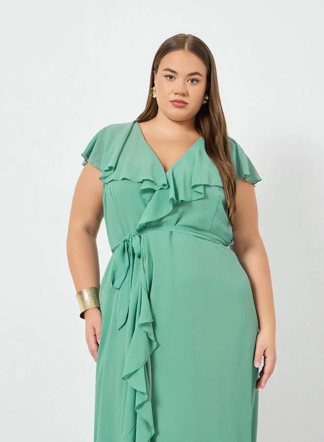 Styli  Plus Size Green Ruffled Detail Maxi Dress for Women | Best Price UAE
