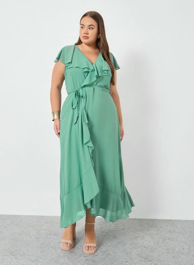 Styli  Plus Size Green Ruffled Detail Maxi Dress for Women | Best Price UAE