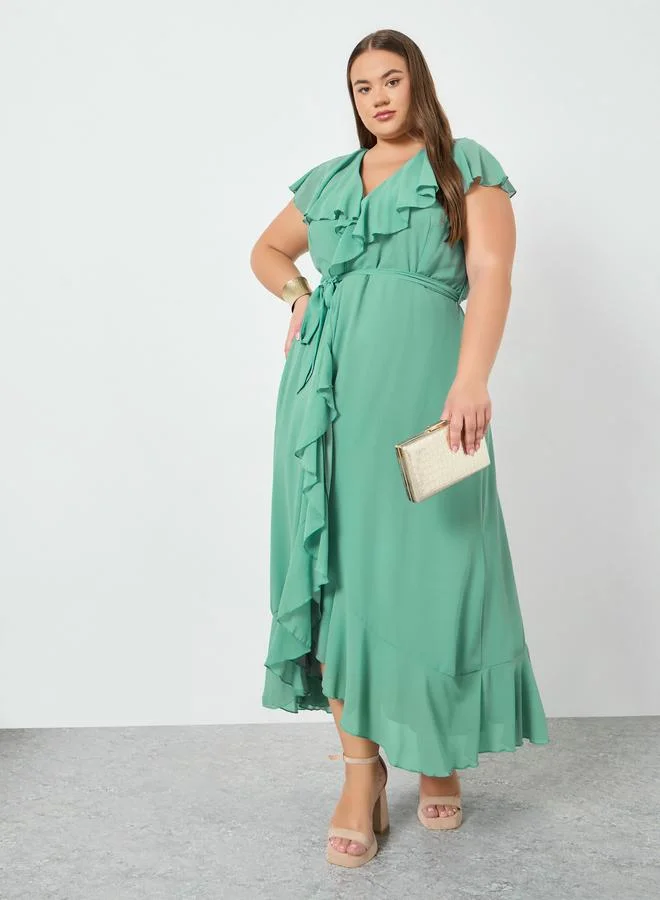 Plus Size Green Ruffled Detail Maxi Dress