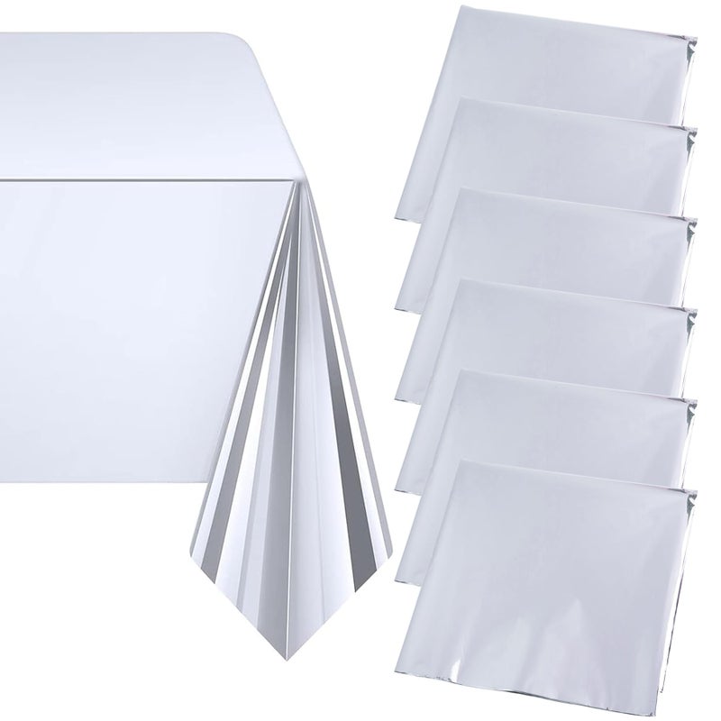Framendino 12 Pack Silver Foil Disposable Plastic Tablecloth 54 x 108 in Metallic Tablecloths Premium Rectangle Shiny Table Cloth Covers for Wedding Party Events