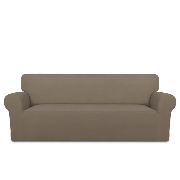 SUPER STRETCH SOFA SLIPCOVER SPANDEX NON SLIP SOFT COUCH SOFA COVER WASHABLE FURNITURE PROTECTOR WITH NON SKID FOAM AND ELASTIC BOTTOM FOR KIDS PETS OVERSIZED SOFA NATURAL