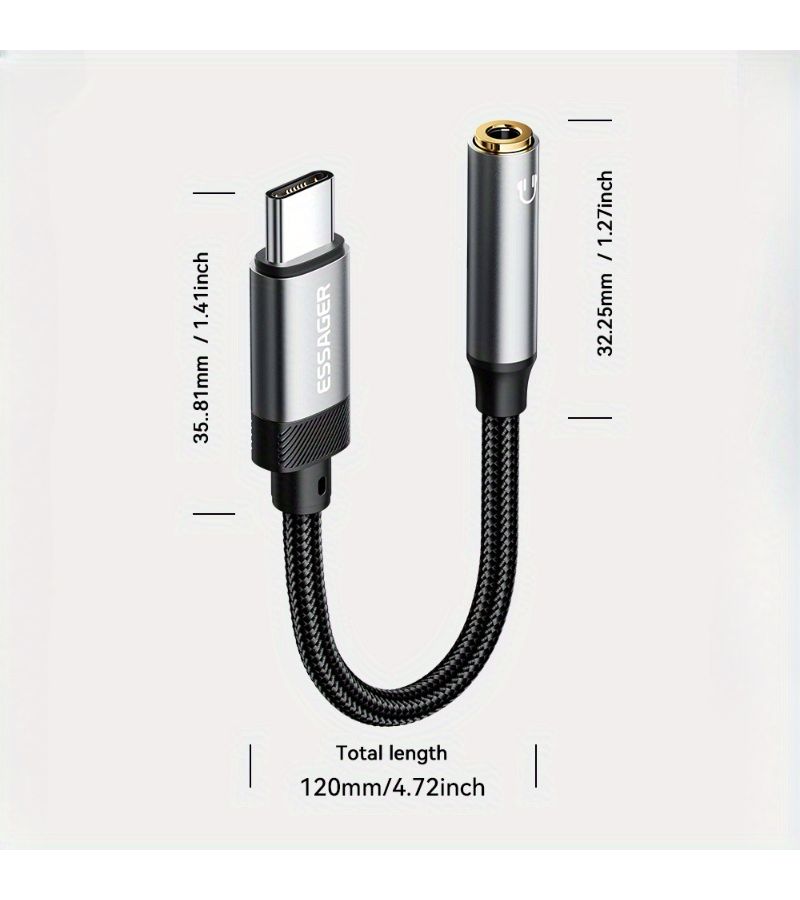 كابل محول من Type-C إلى 3.5 ملم صوتي، ذكر من Type-C إلى أنثى 3.5 ملم، كابل AUX للسيارة والمسرح المنزلي، جهد منخفض، بدون محول طاقة مرفق. - Image 3