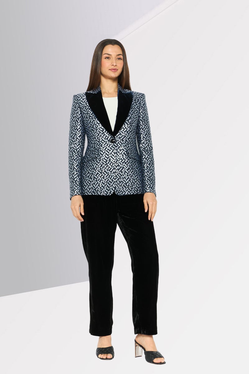 armani بليزر نسائي عادي بتصميم تجريدي شبه رسمي، أزرق/أبيض - Image 3