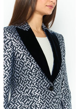 EMPORIO ARMANI Women Regular Fit Abstract Semi-Formal Blazer, Navy/White  - Image 2